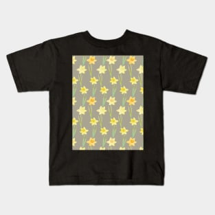 Yellow Watercolour Stemmed Daffodil Pattern on Khaki Kids T-Shirt